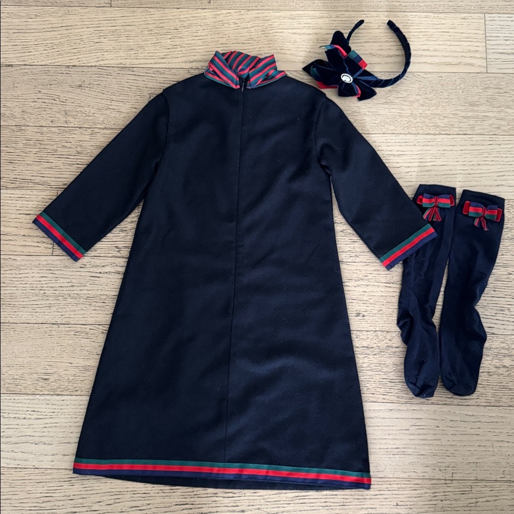 PICCOLA SPERANZA Navy Dress w/bow striped detailing, matching headband/socks 10. - Picture 2 of 13